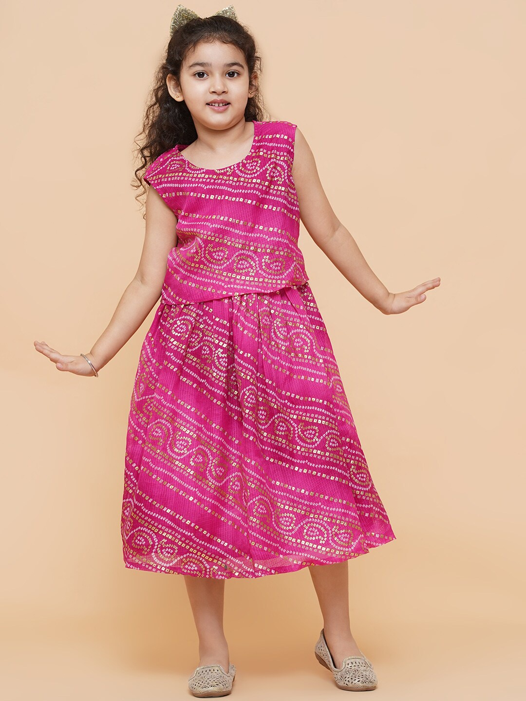 

titliyan Girls Pink Bandhani Printed Midi Dress