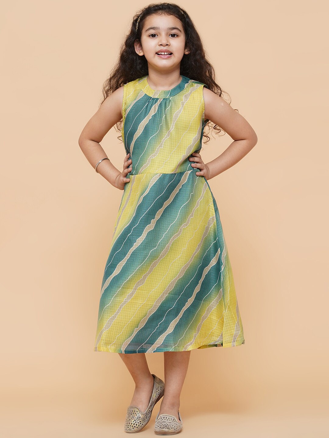 

titliyan Green & Yellow Striped A-Line Midi Dress
