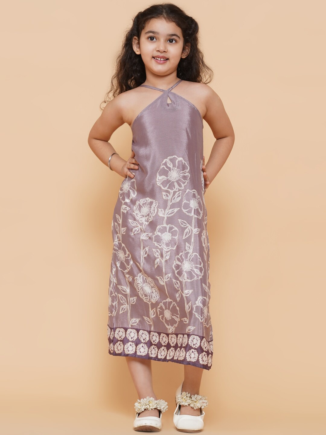 

titliyan Girls Lavender & Beige Floral Printed A-Line Midi Dress