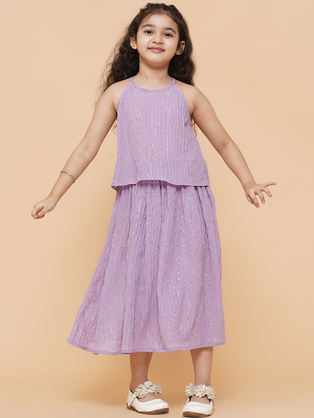 

titliyan Girls Lavender Embellished Layered A-Line Midi Dress