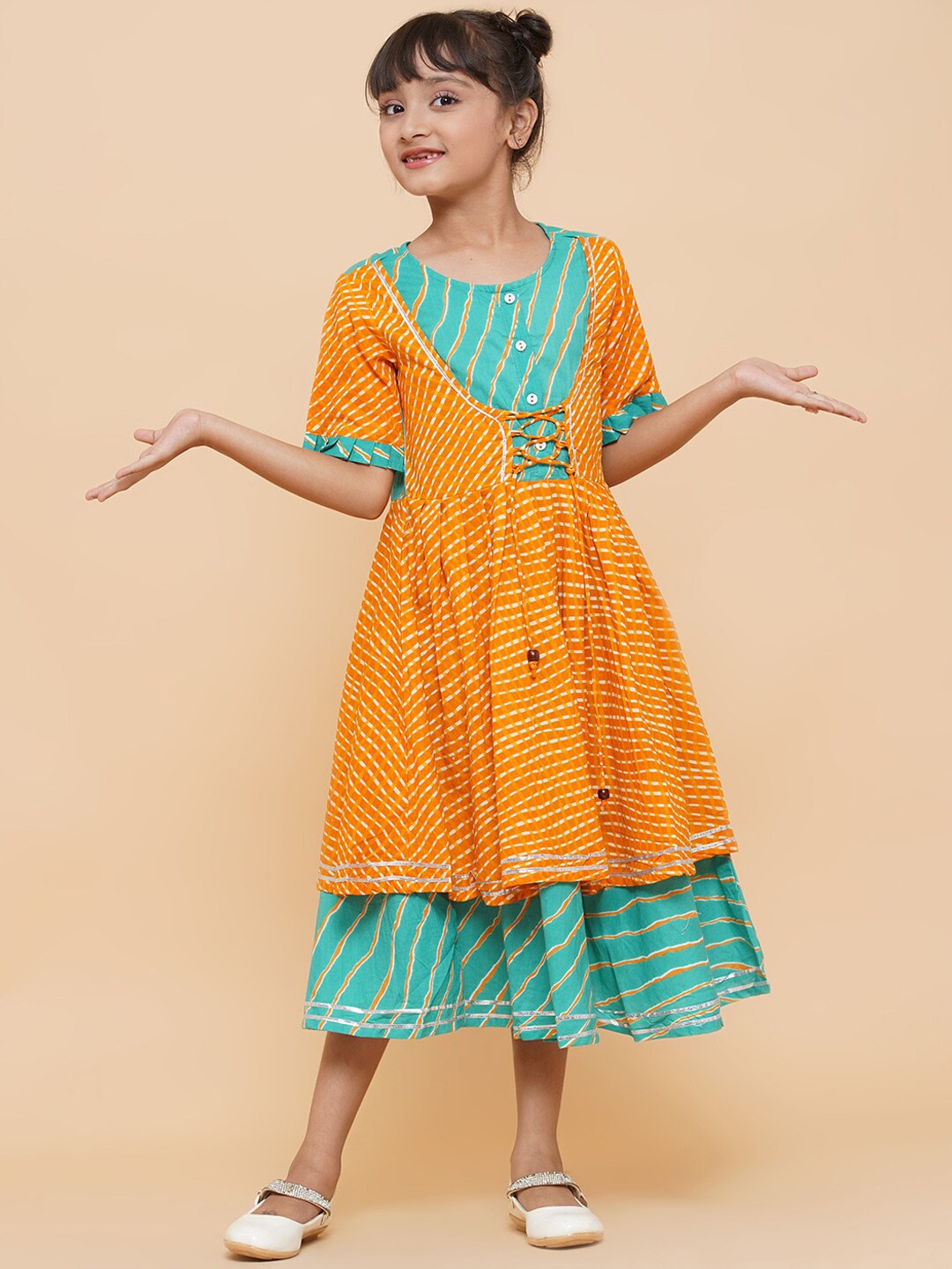 

titliyan Mustard Yellow Ethnic Motifs A-Line Midi Dress