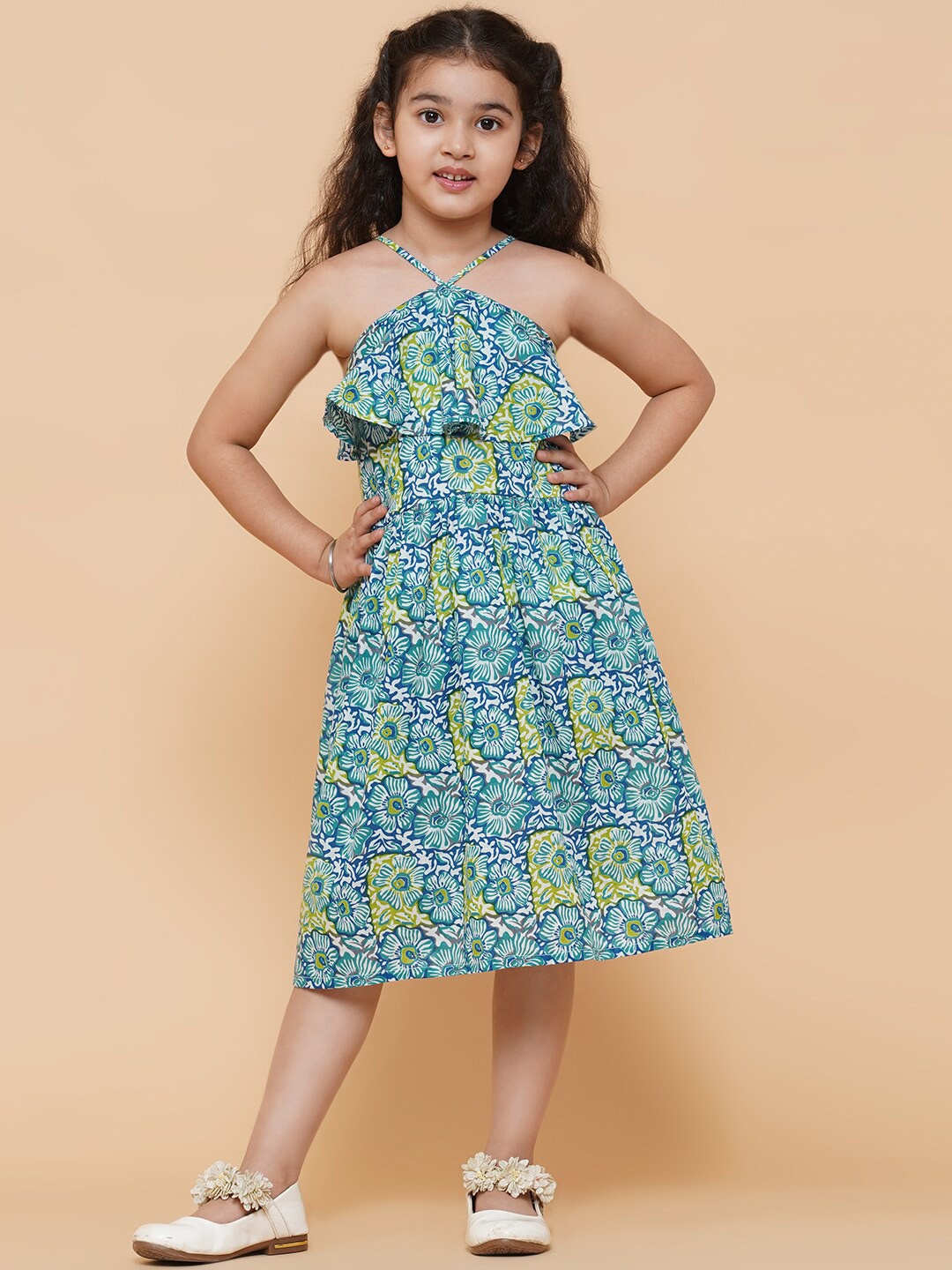 

titliyan Girls Blue & Yellow Floral Midi Dress