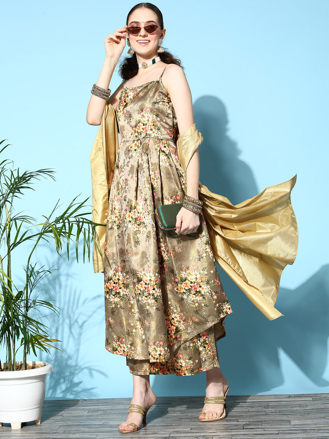 

InWeave Women Floral Silk Blend Spaghetti Straps Kurta Set, Olive