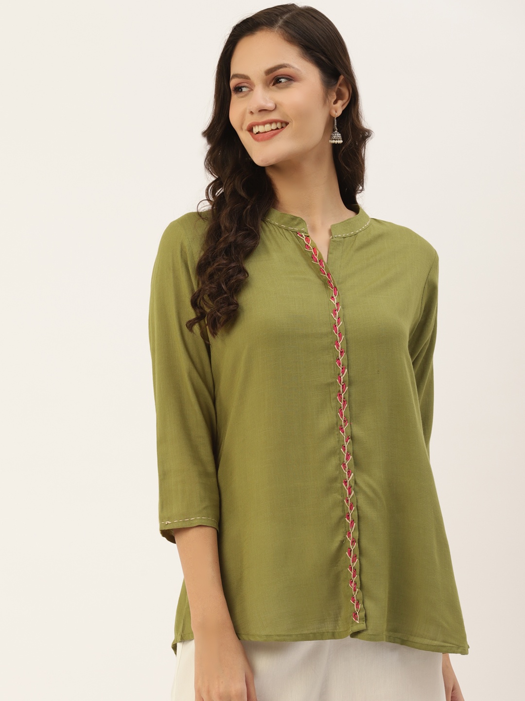 

INDYES Olive Green Embroidered Thread Work Thread Work Kurti