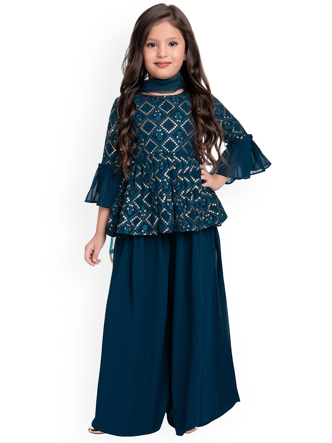 

BETTY Girls Blue & Gold-Toned Geometric Embroidered Sequinned Kurta Set