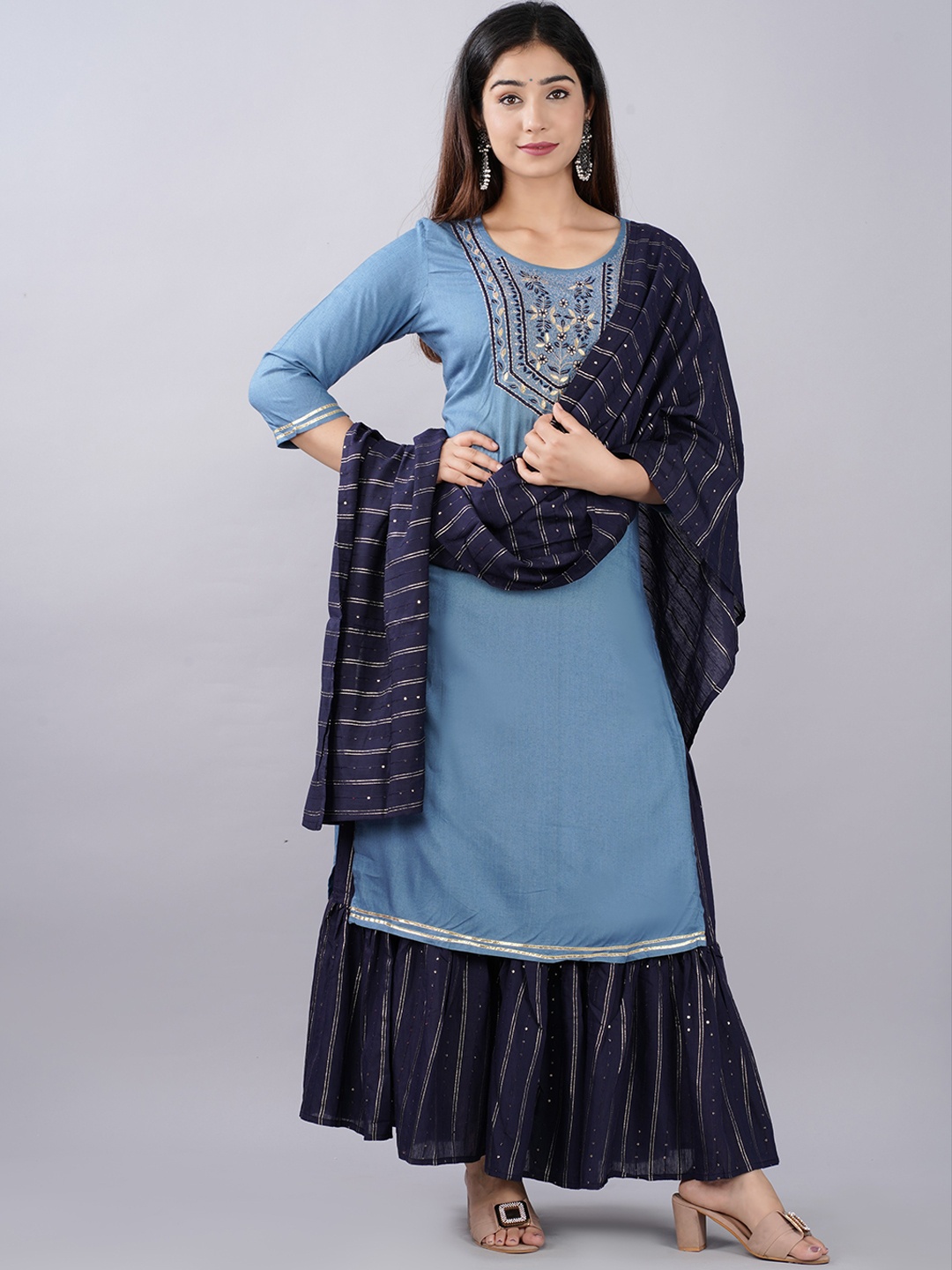 

Glorious Women Blue Floral Yoke Design Gotta Patti Kurta Set