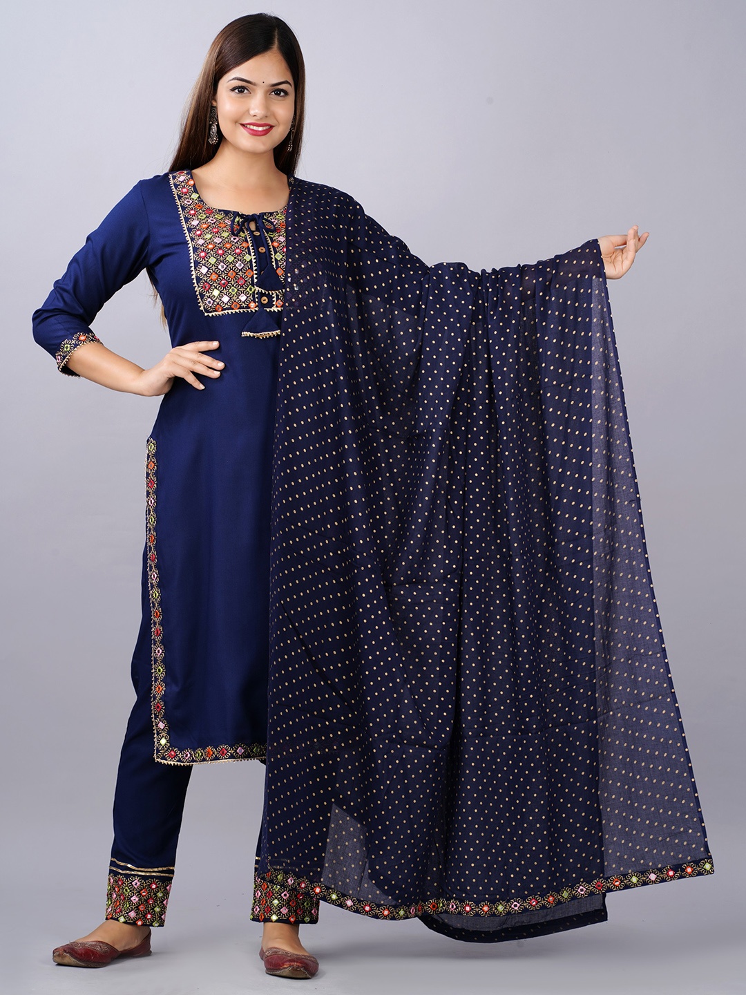 

Glorious Women Blue Embroidered Gotta Patti Pure Cotton Kurta with Trousers & With Dupatta