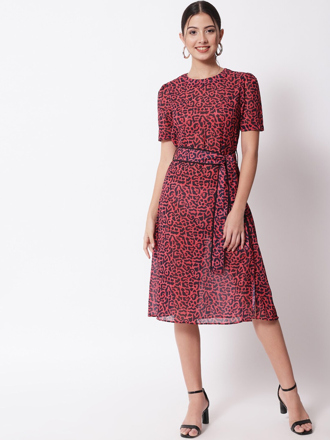 

CHARMGAL Red & Black Animal Georgette Midi Dress