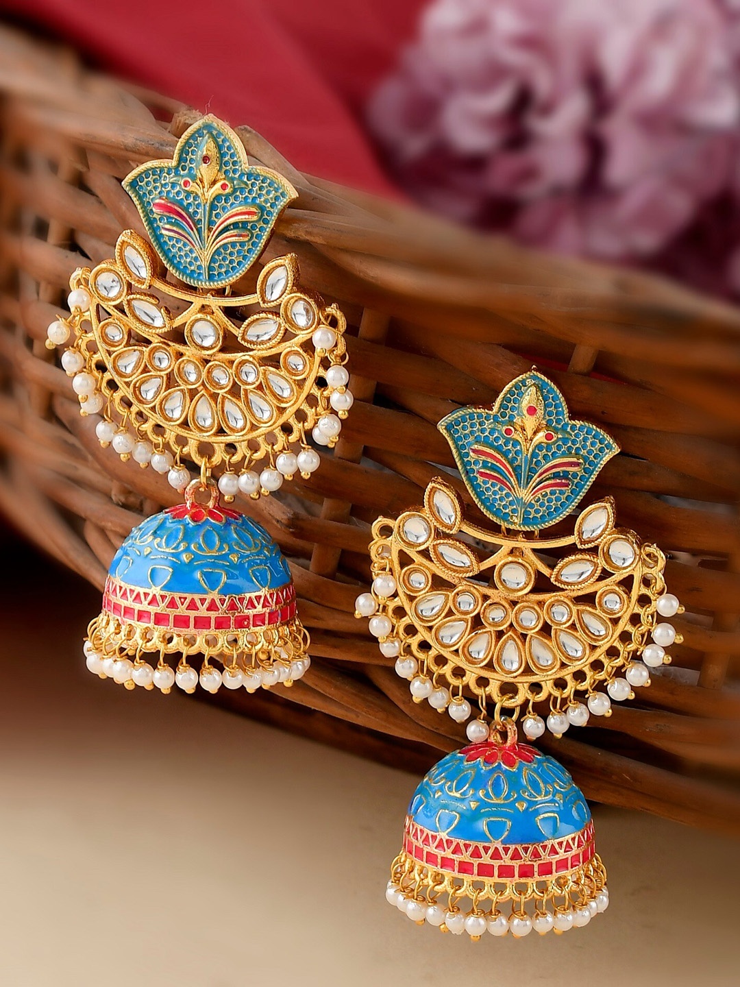 

DASTOOR Women Turquoise Blue Contemporary Meena Kari Jhumkas Earrings