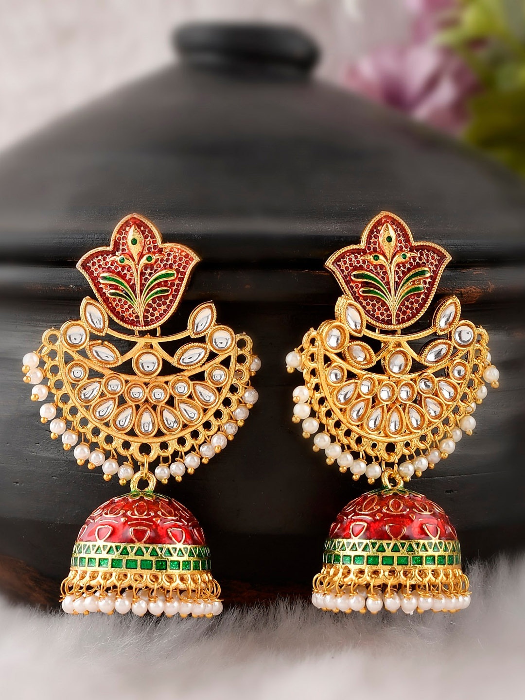 

DASTOOR Red Contemporary Jhumkas Earrings