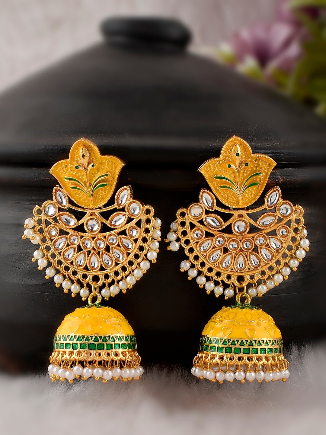 

DASTOOR Yellow & White Contemporary Jhumkas Earrings