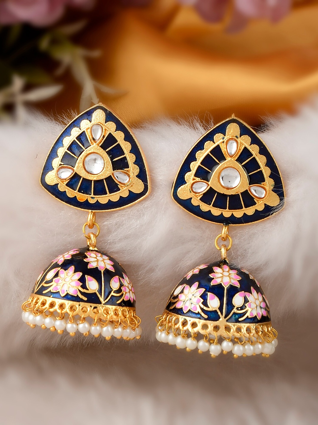

DASTOOR Women Blue & Gold-Toned Contemporary Meenari Jhumkas Earrings