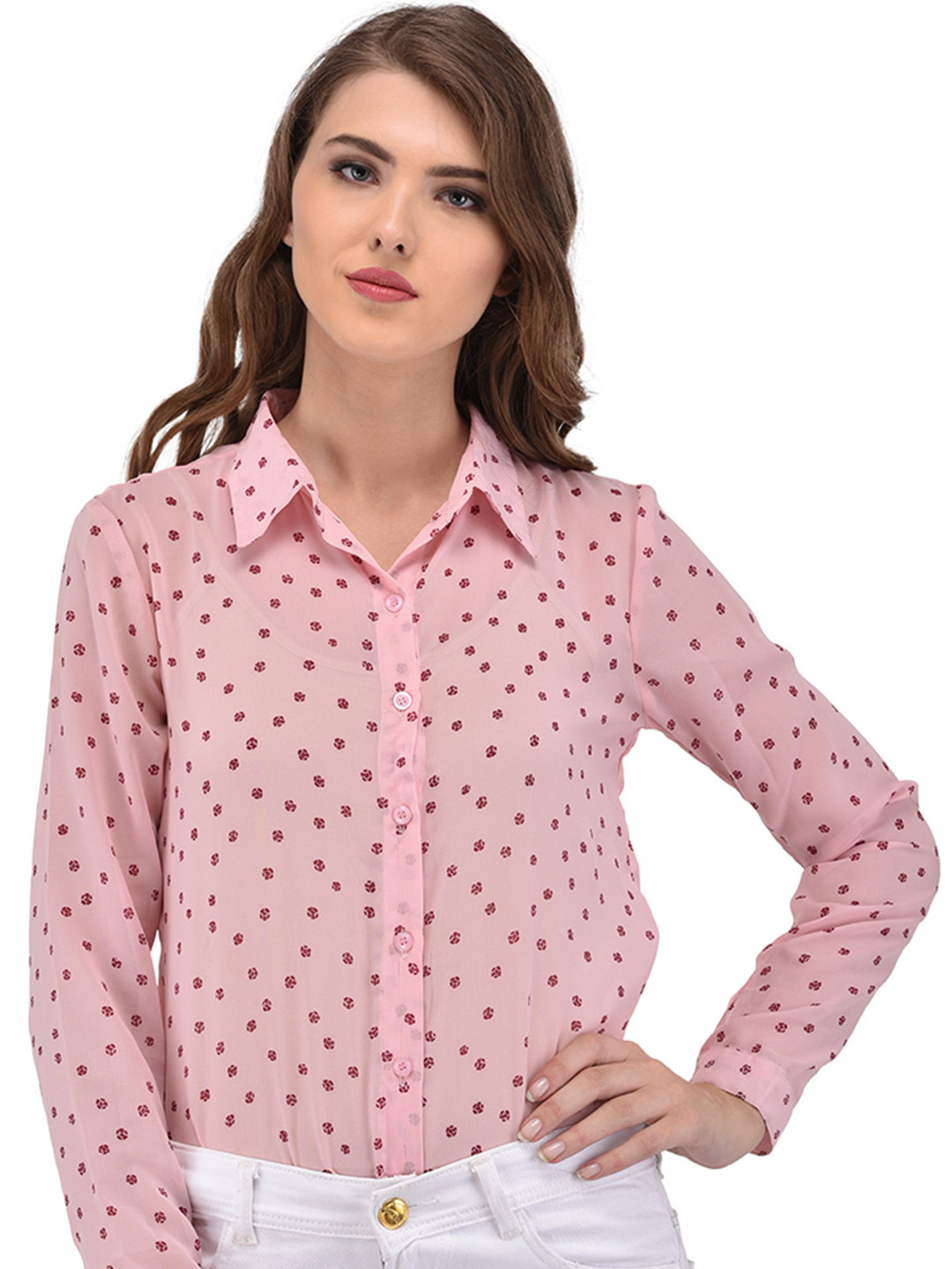 

PURYS Women Pink Relaxed Fit Printed Casual Shirt