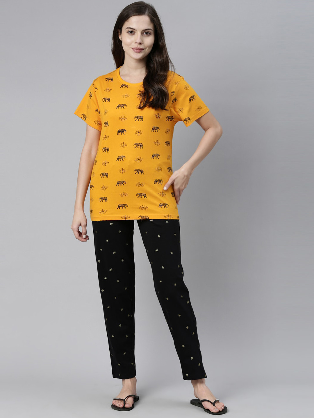 

Kryptic Women Mustard & Black Printed Night suit