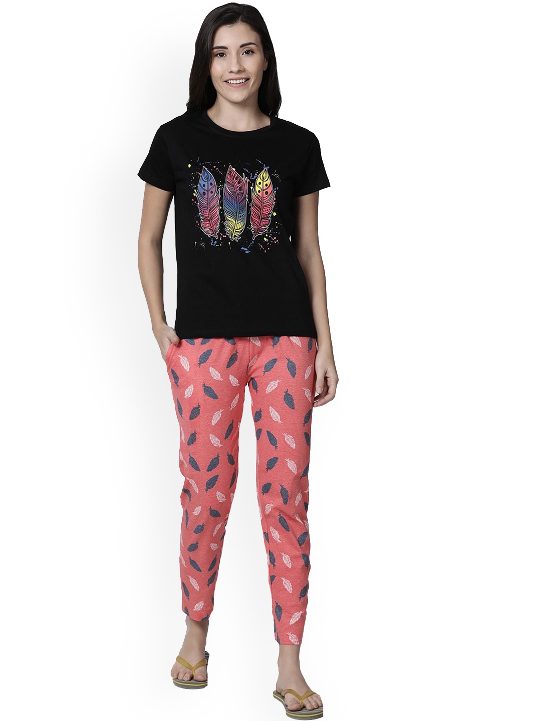 

Kryptic Women Black & Pink Printed Pure Cotton Night suit
