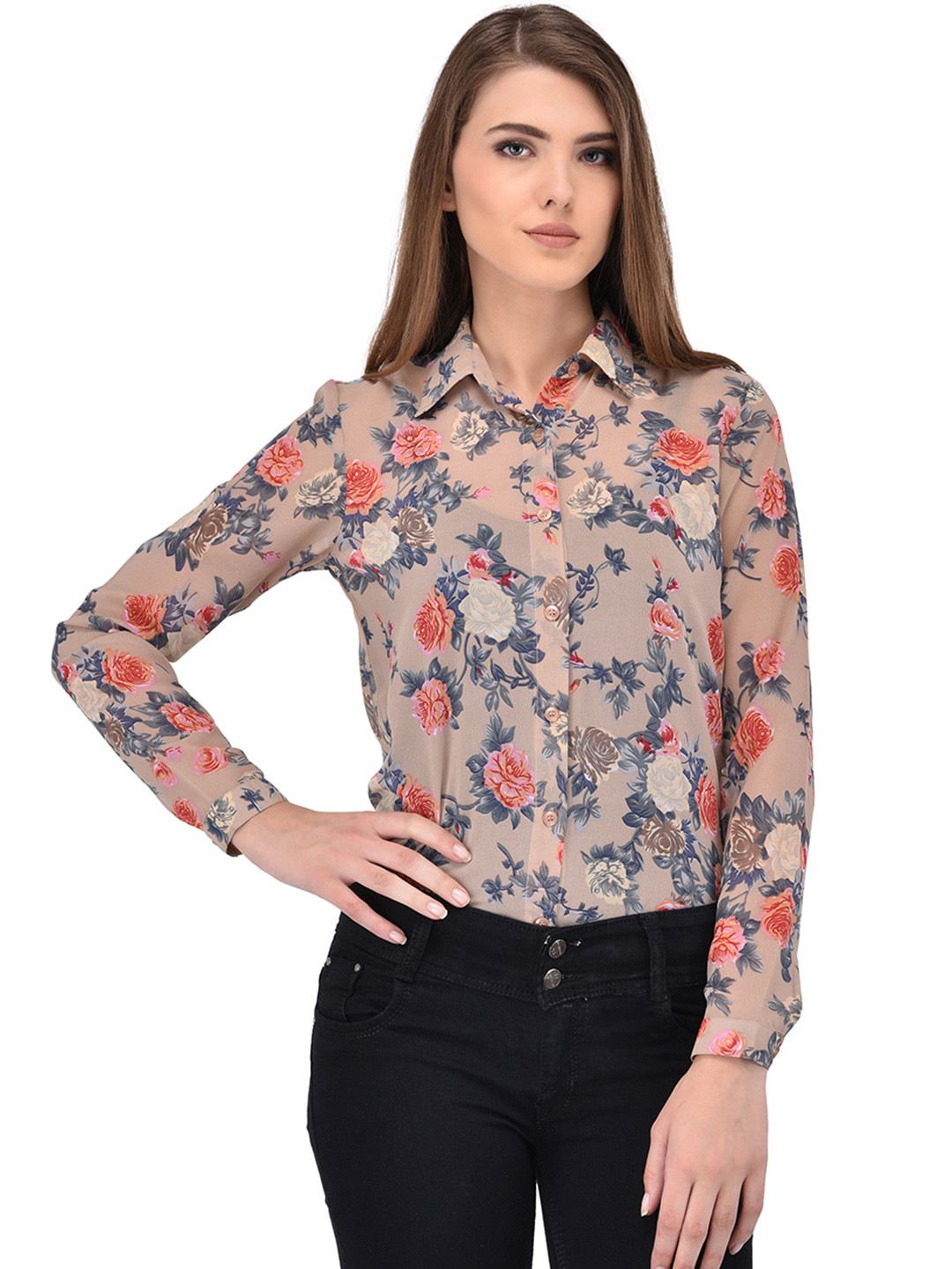 

PURYS Women Beige Relaxed Fit Floral Print Sheer Shirt
