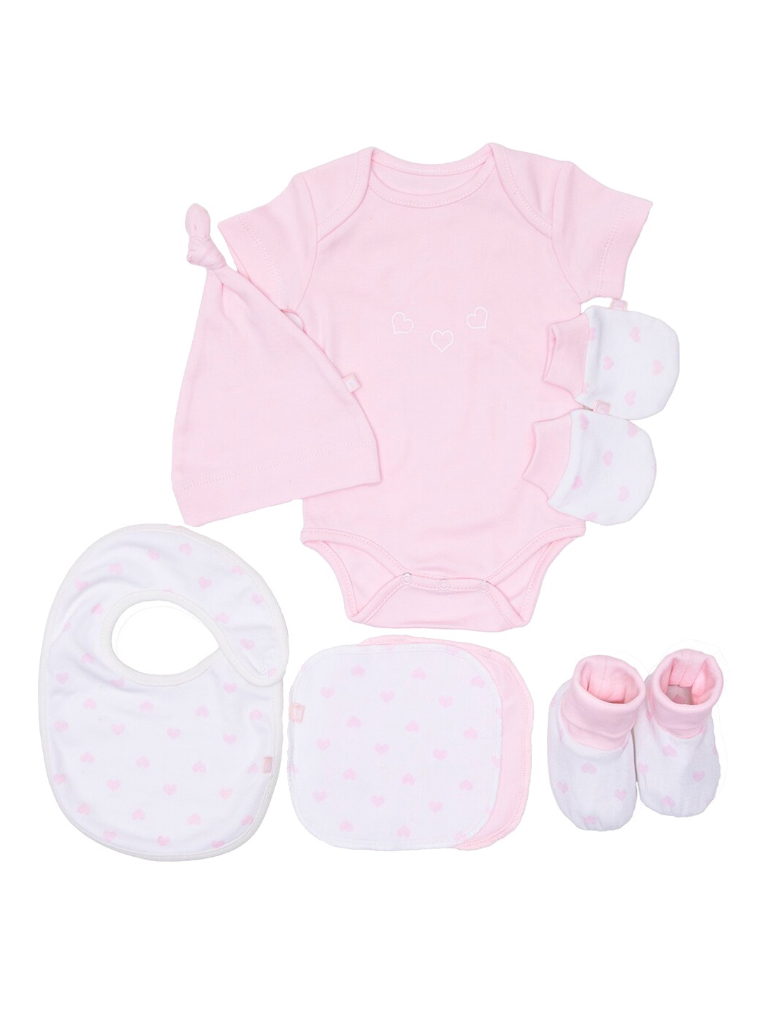 

Nino Bambino Infants Girls Pink & White 6 Pcs Printed Pure Cotton Baby Apparel Gift Set