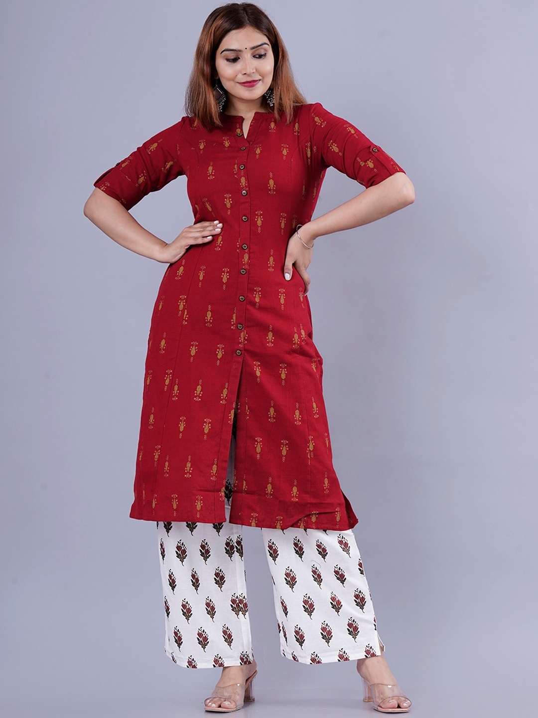 

KALINI Women Maroon Ethnic Motifs Printed Straight Kurta with Palazzo Set