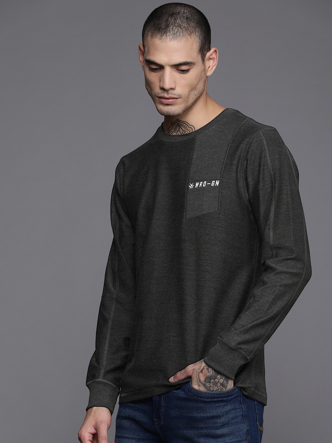 

WROGN Men Charcoal Black Embroidered Sweatshirt