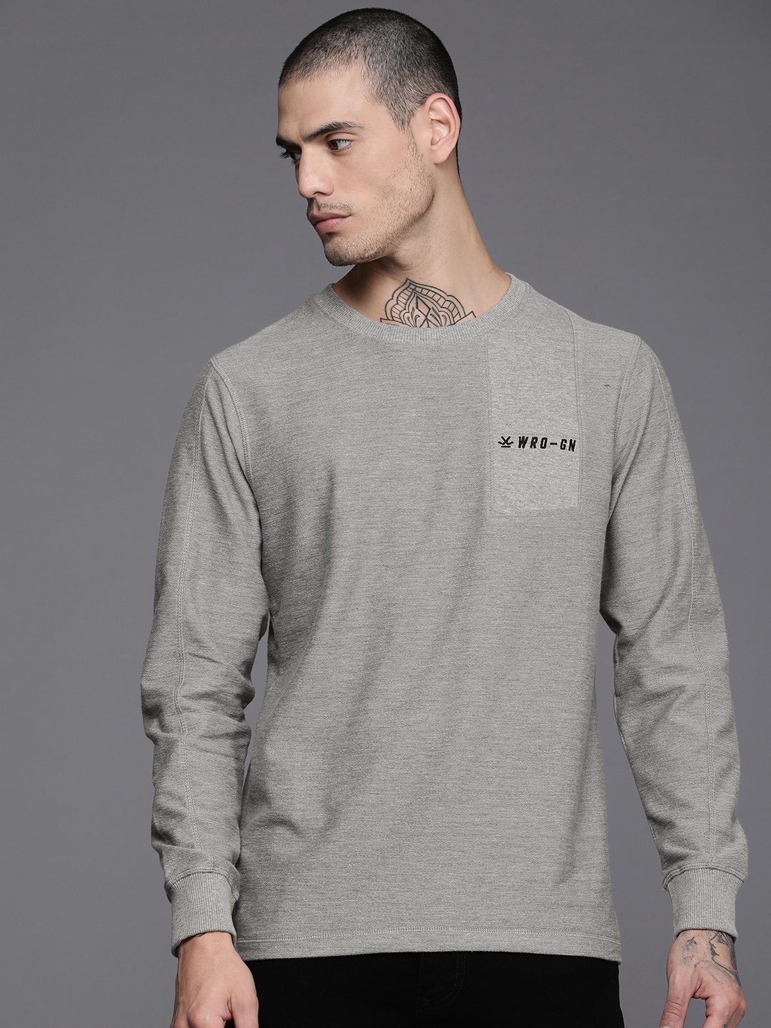 

WROGN Men Grey Melange Embroidered Sweatshirt
