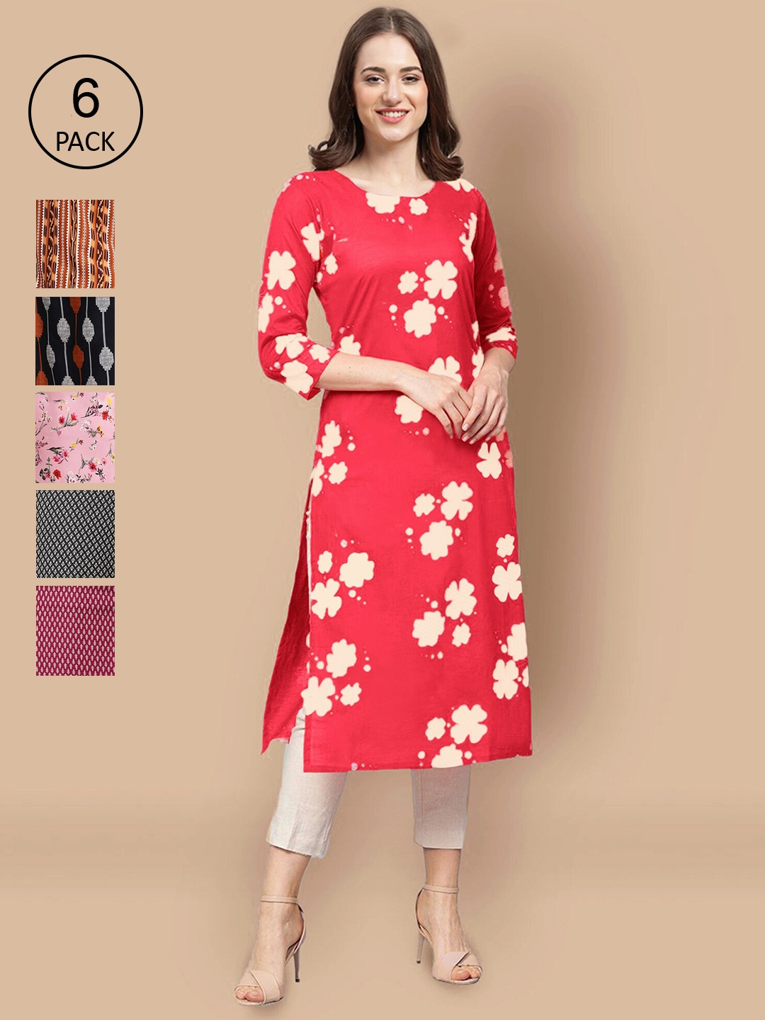 7Threads Women Pack Of 6 Multicoloured Printed Block Print Crepe Kurta, Multi