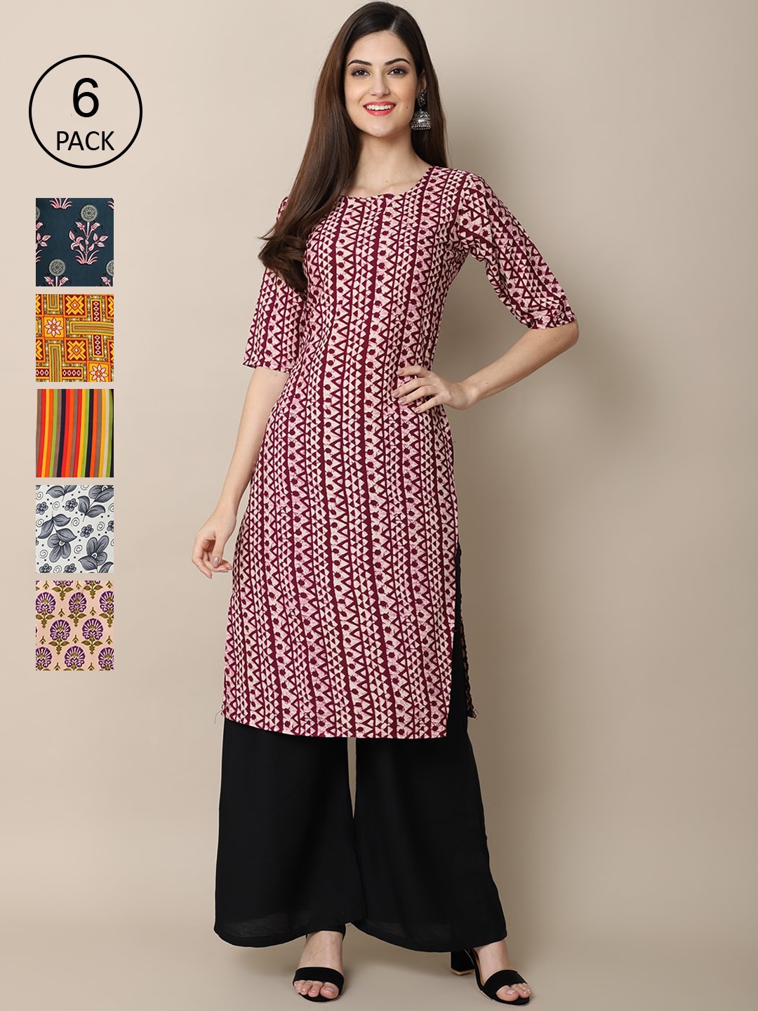 

7Threads Women Pack of 6 Printed Crepe Kurta, Multi
