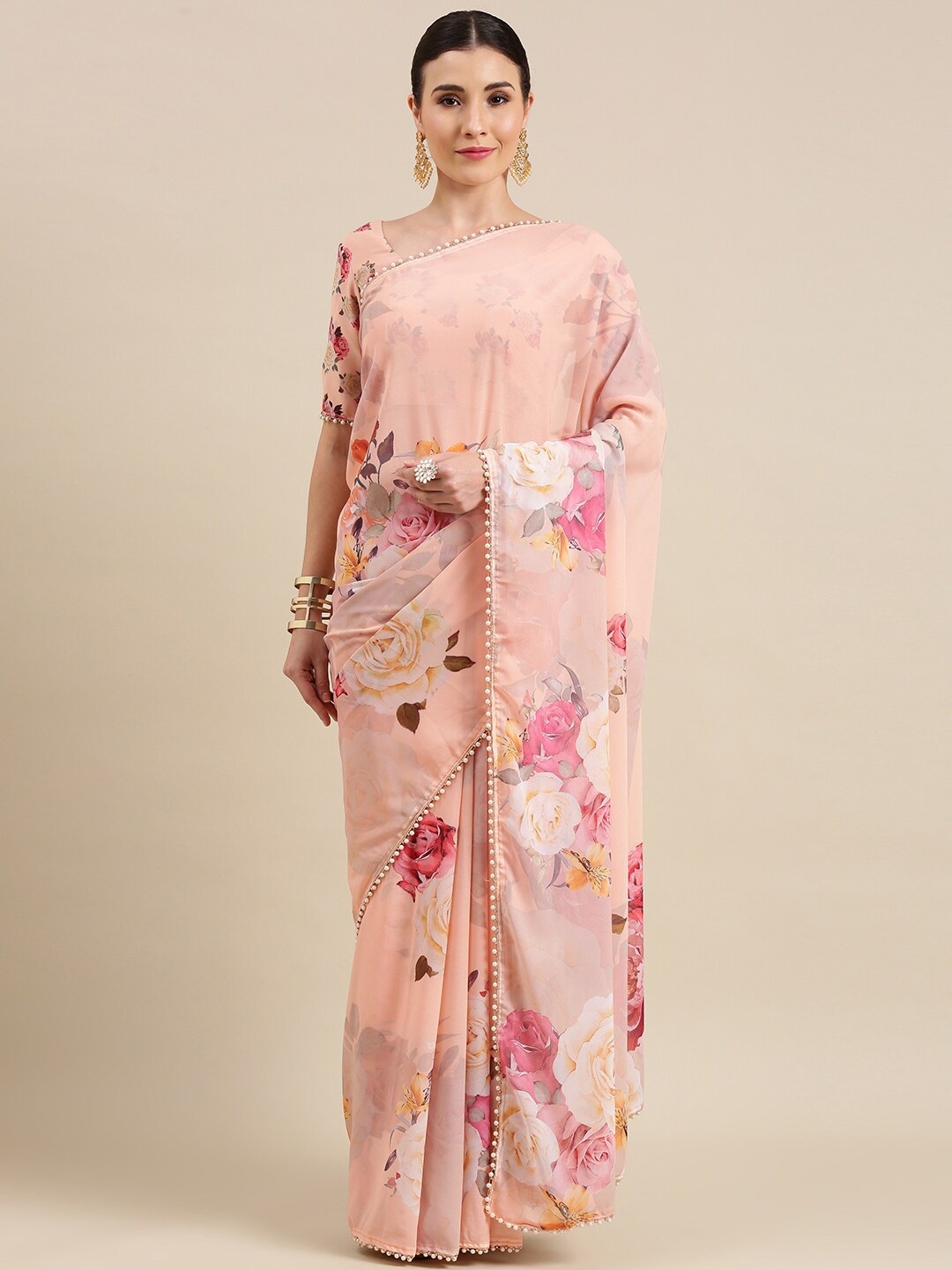 

AVANSHEE Peach-Coloured & Pink Floral Pure Georgette Saree