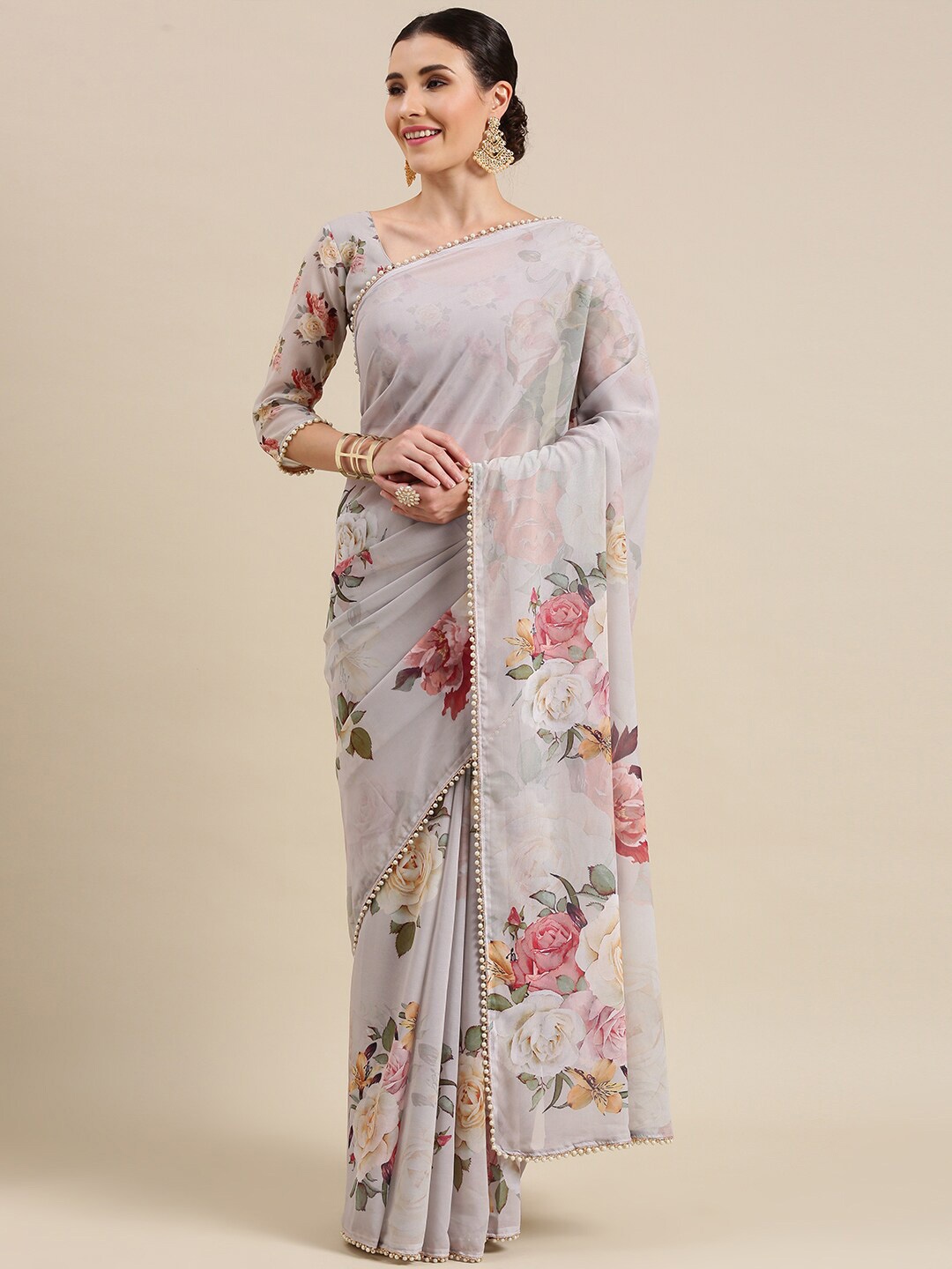 

AVANSHEE Grey & Green Floral Pure Georgette Saree