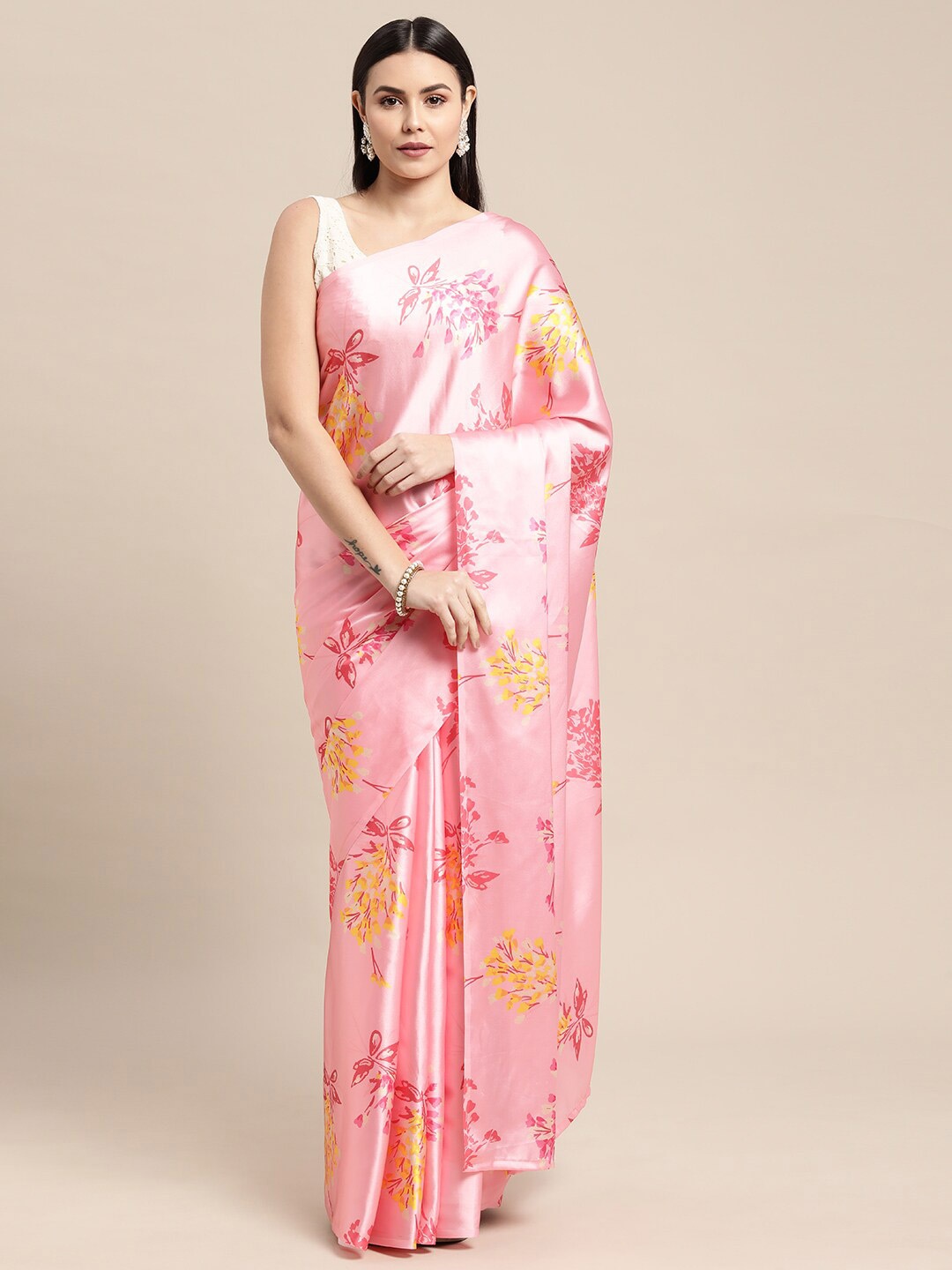 

AVANSHEE Peach-Coloured & Yellow Floral Satin Saree