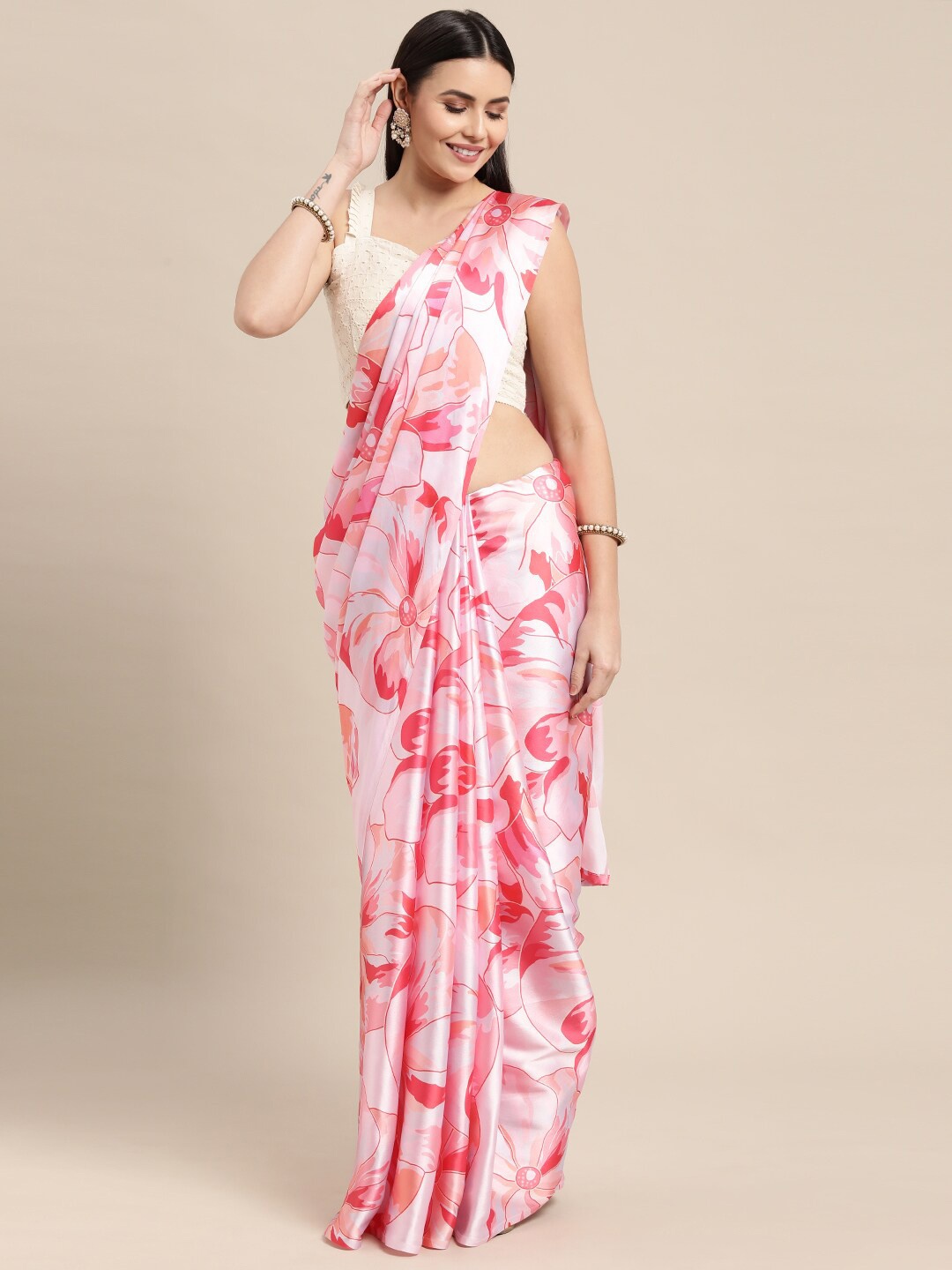 

AVANSHEE Pink & White Floral Satin Saree
