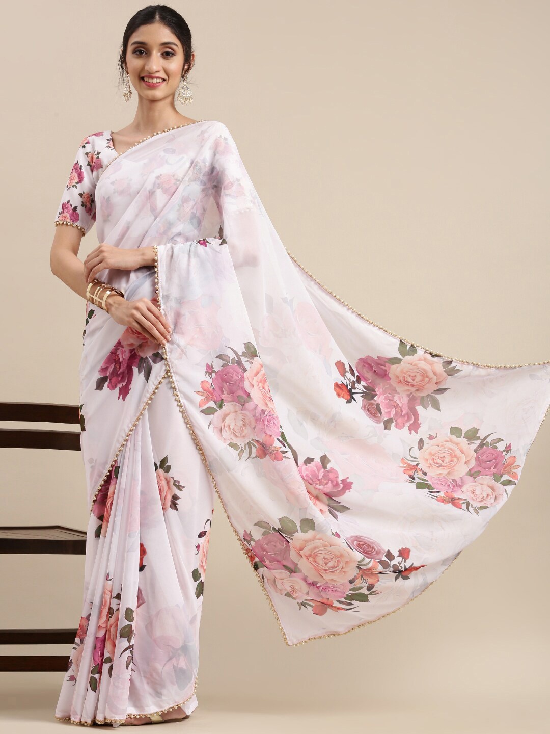 

AVANSHEE White & Pink Floral Pure Georgette Saree