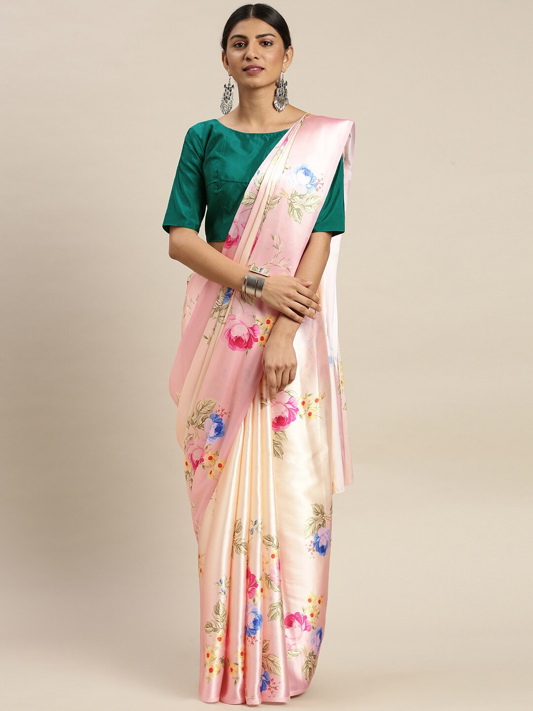 

AVANSHEE Peach-Coloured & Blue Floral Satin Saree