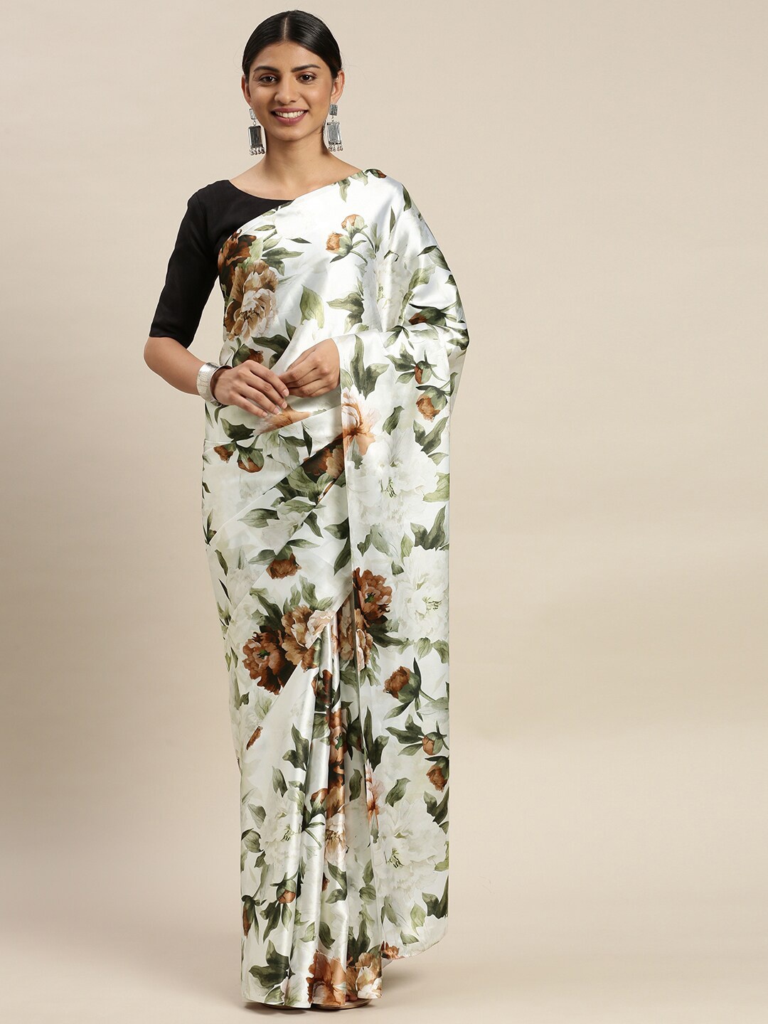 

AVANSHEE White & Green Floral Satin Saree