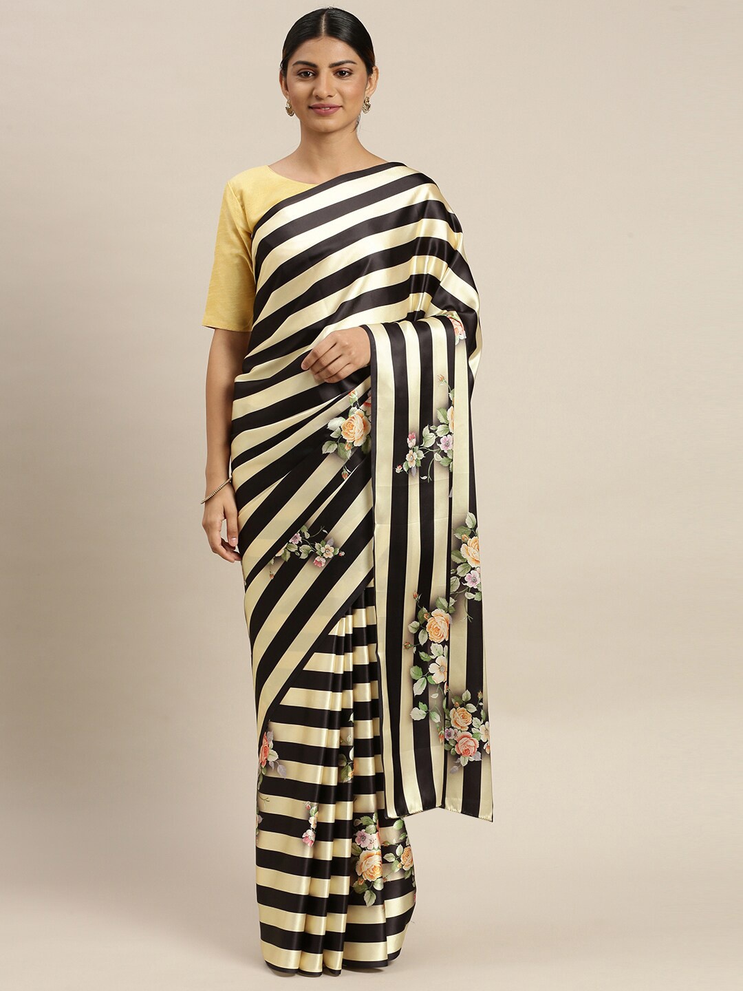 

AVANSHEE Black & Yellow Striped Satin Saree