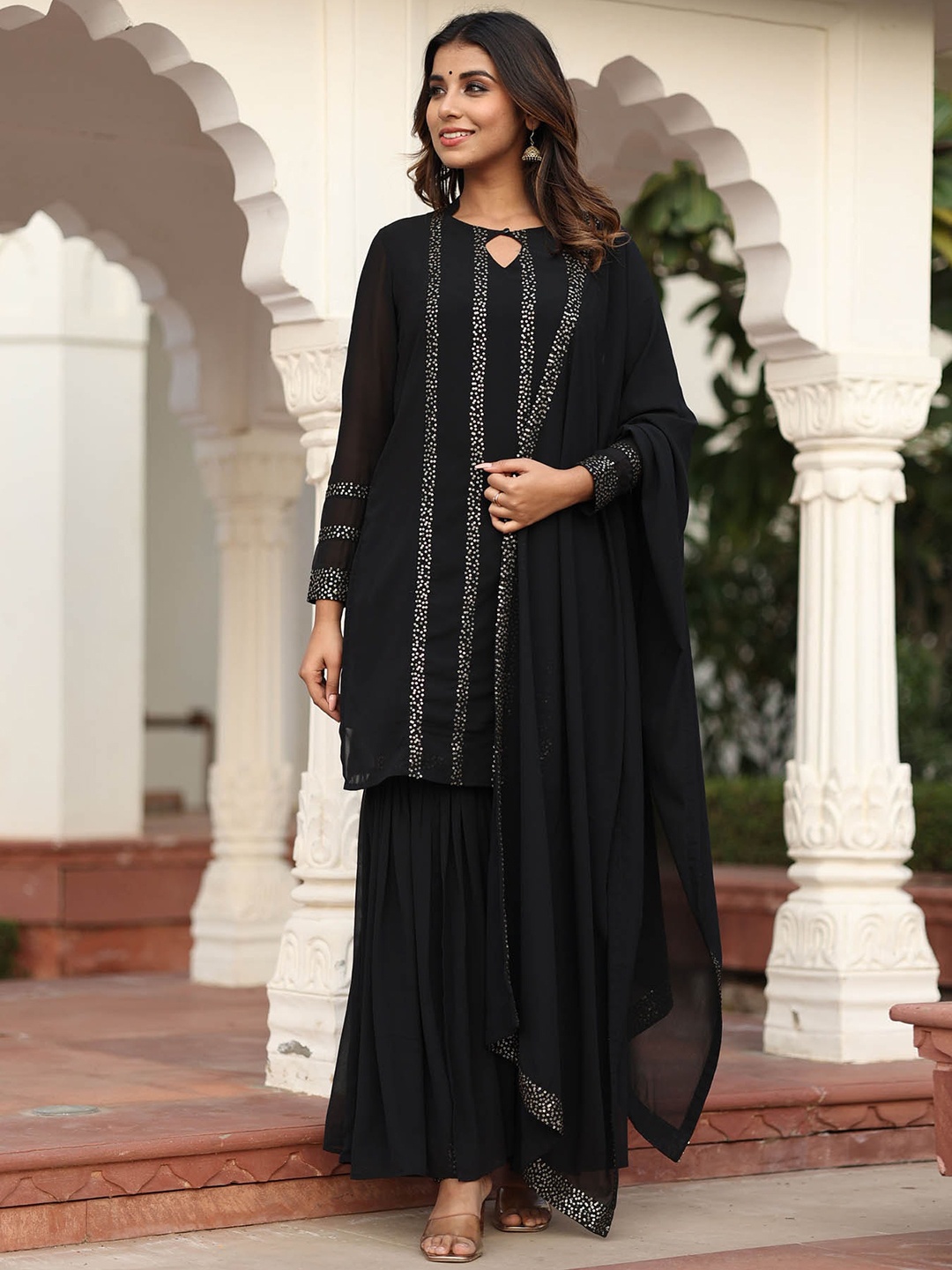 

mulmul.com Women Black Sequinned Kurta with Sharara & With Dupatta