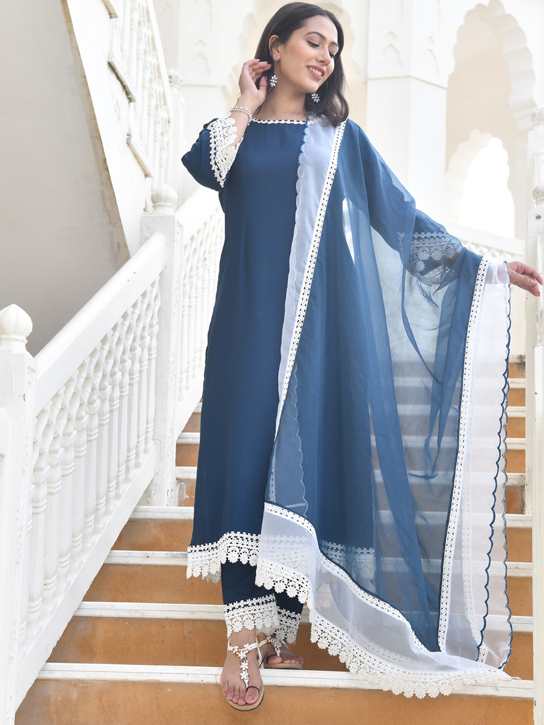 

mulmul.com Women Teal Blue Solid Kurta with Trousers & With Dupatta