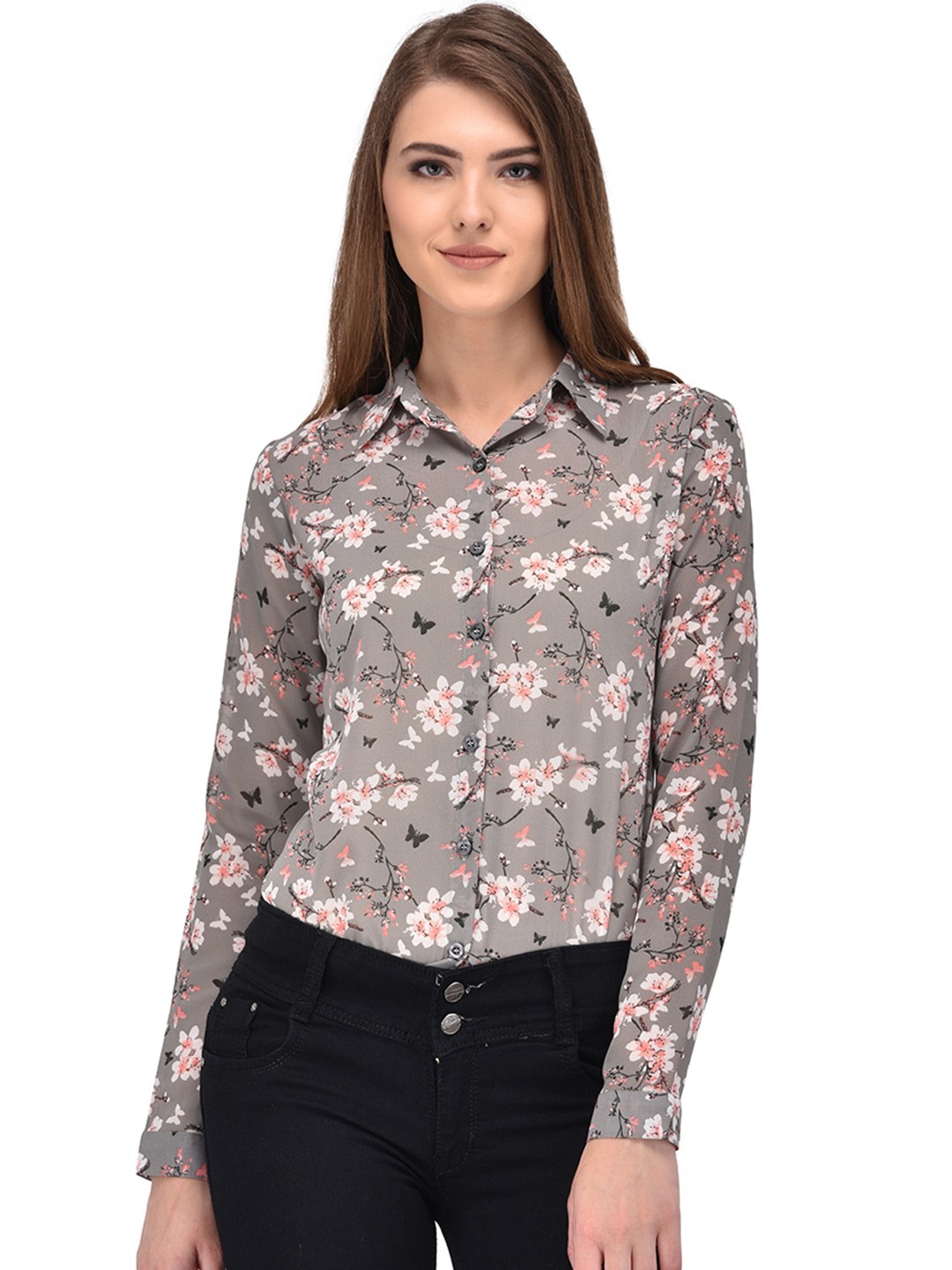 

PURYS Women Grey Comfort Fit Floral Print Casual Shirt