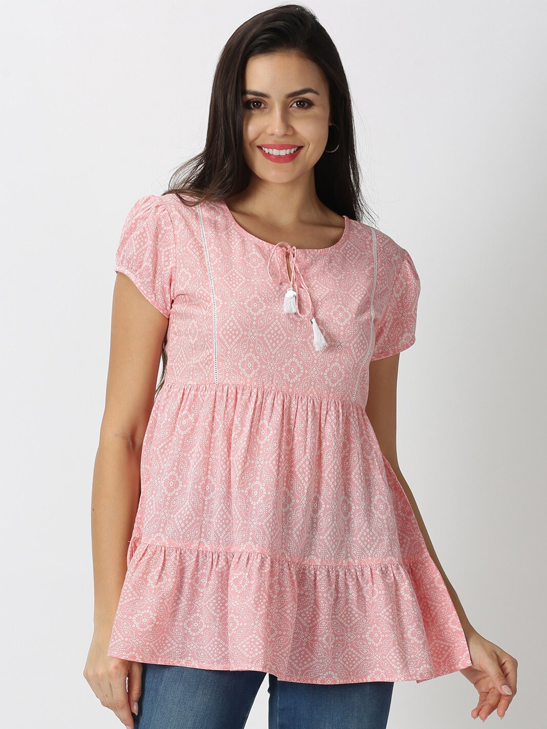 

Saffron Threads Pink Bandhani Print Tie-Up Neck Tiered Top