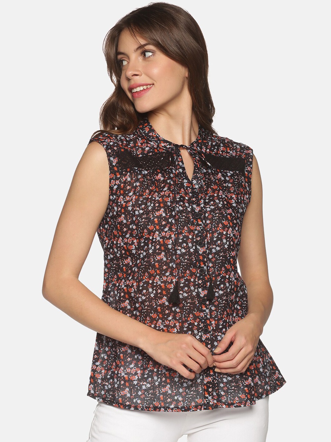 

Saffron Threads Black Floral Printed Tie-up Neck Top