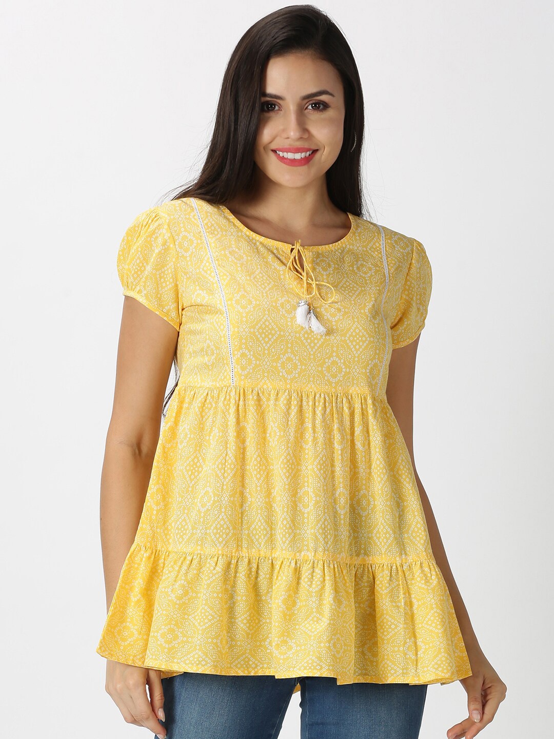 

Saffron Threads Yellow Bandhani Print Tie-Up Neck Tiered Pure Cotton Empire Top