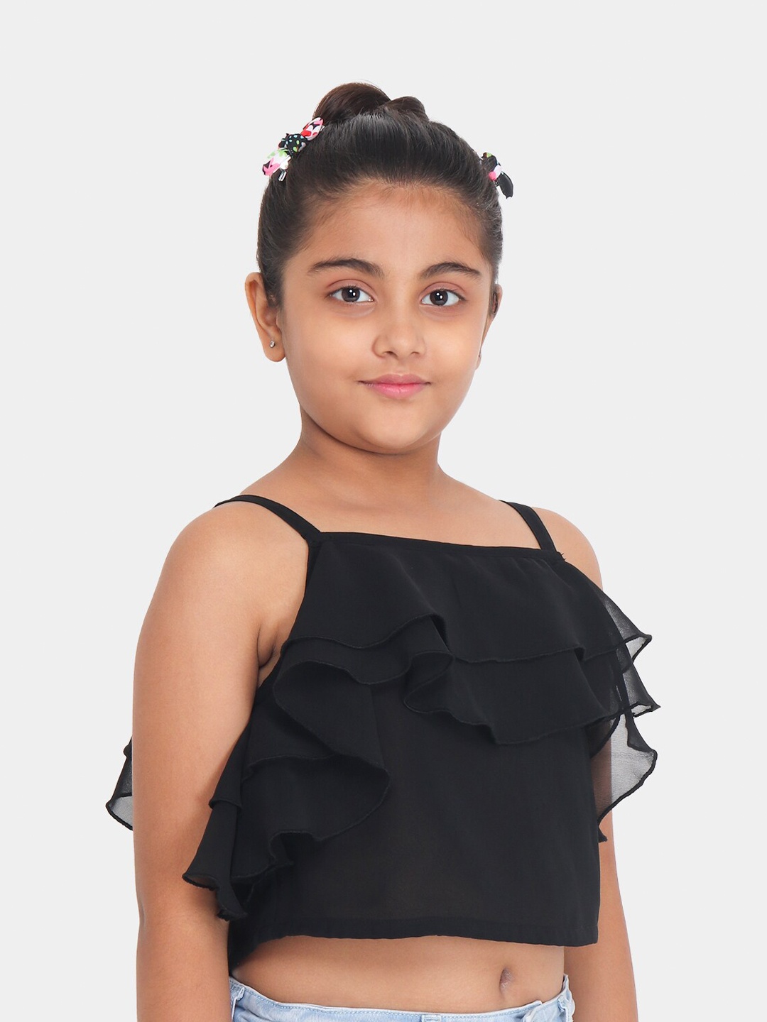 

YK Girls Black Georgette Ruffled Crop Top