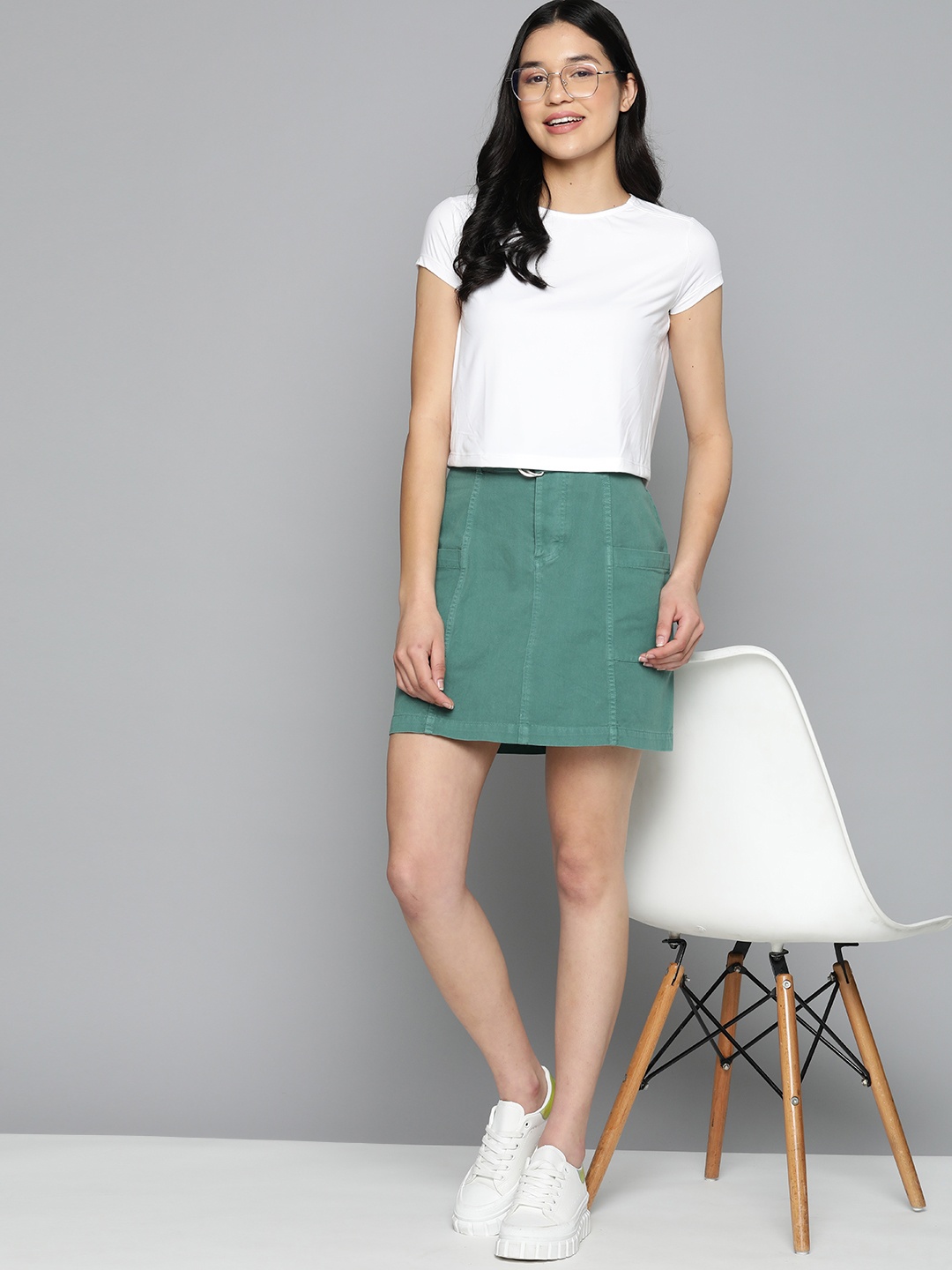 

Mast & Harbour Women Pure Cotton Denim Mini Skirt With Belt, Green