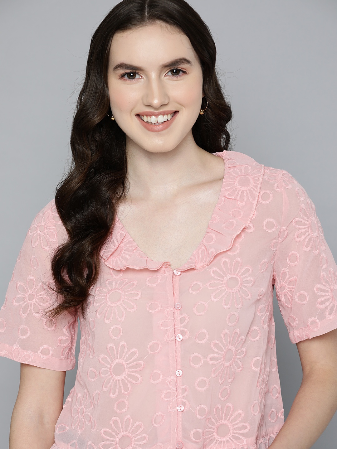

Mast & Harbour Peach-Coloured Floral Ruffles Shirt Style Top