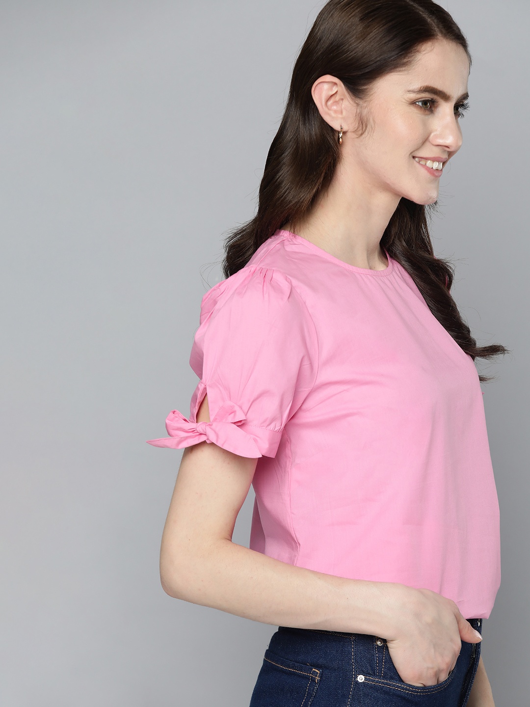 

Mast & Harbour Women Pink Solid Pure Cotton Puff Sleeves Regular Top