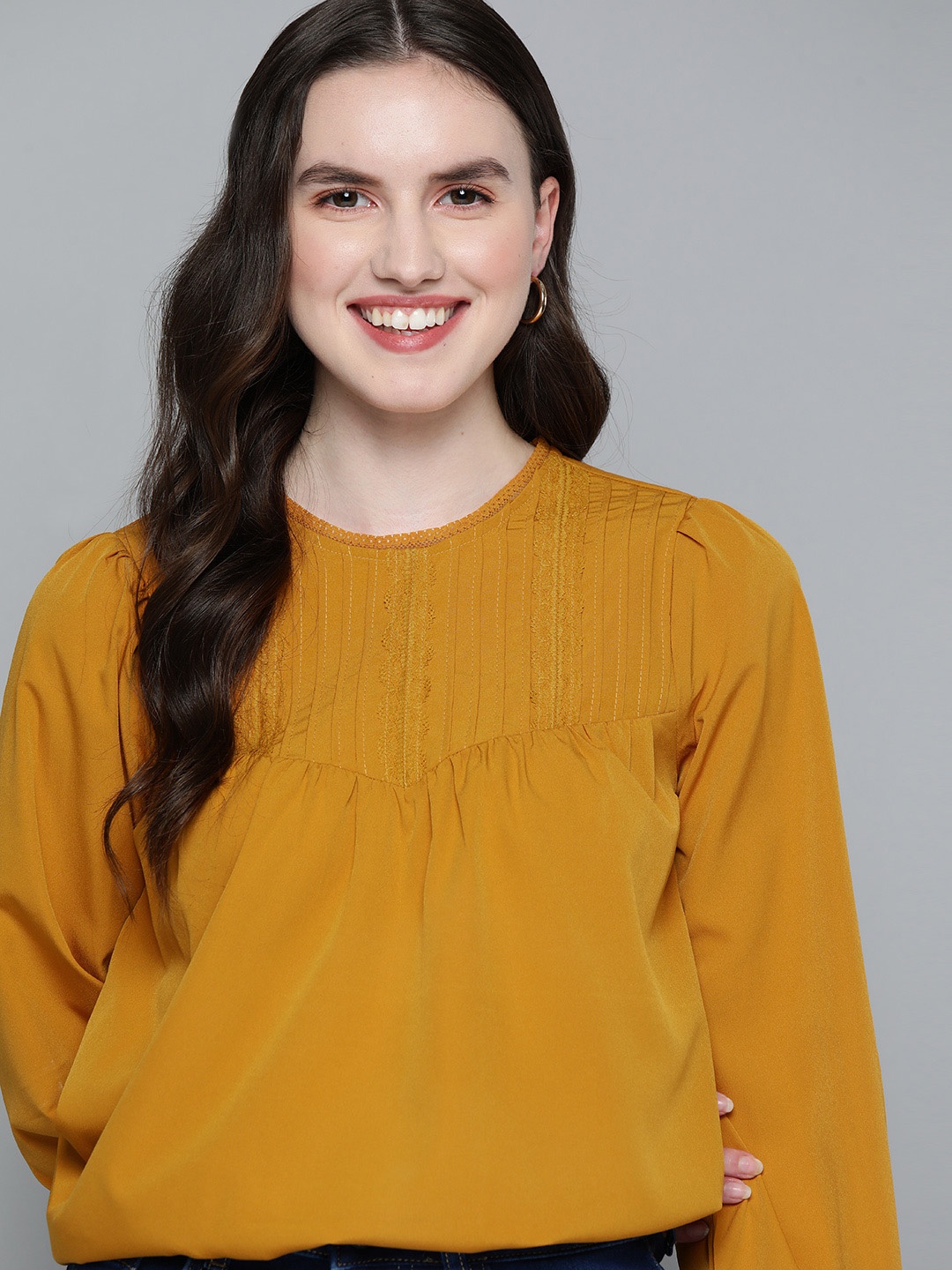 

Mast & Harbour Mustard Yellow Pleated Design Lace Inserts Top