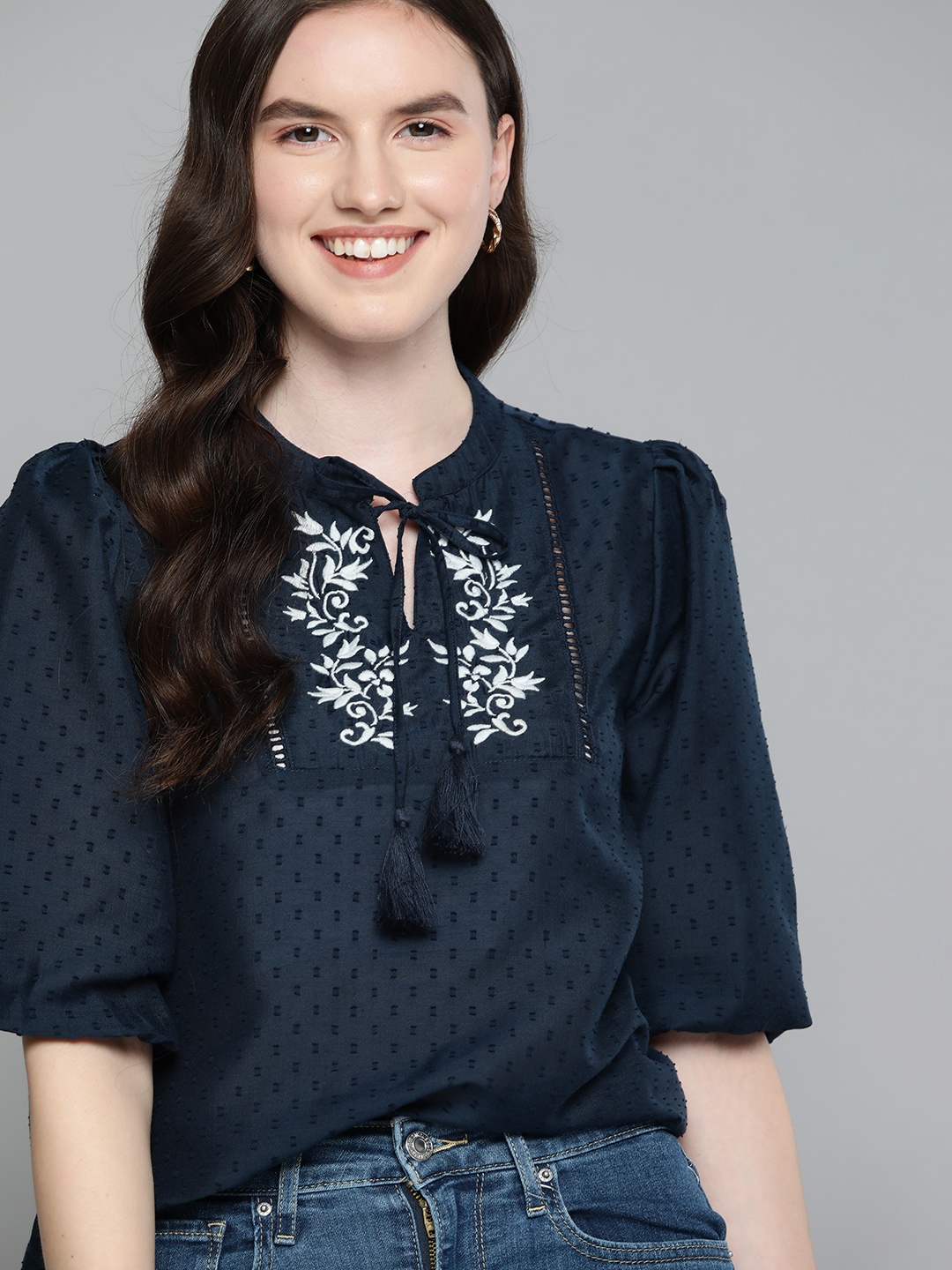 

Mast & Harbour Embroidered Tie-Up Neck Dobby Weave Top, Navy blue