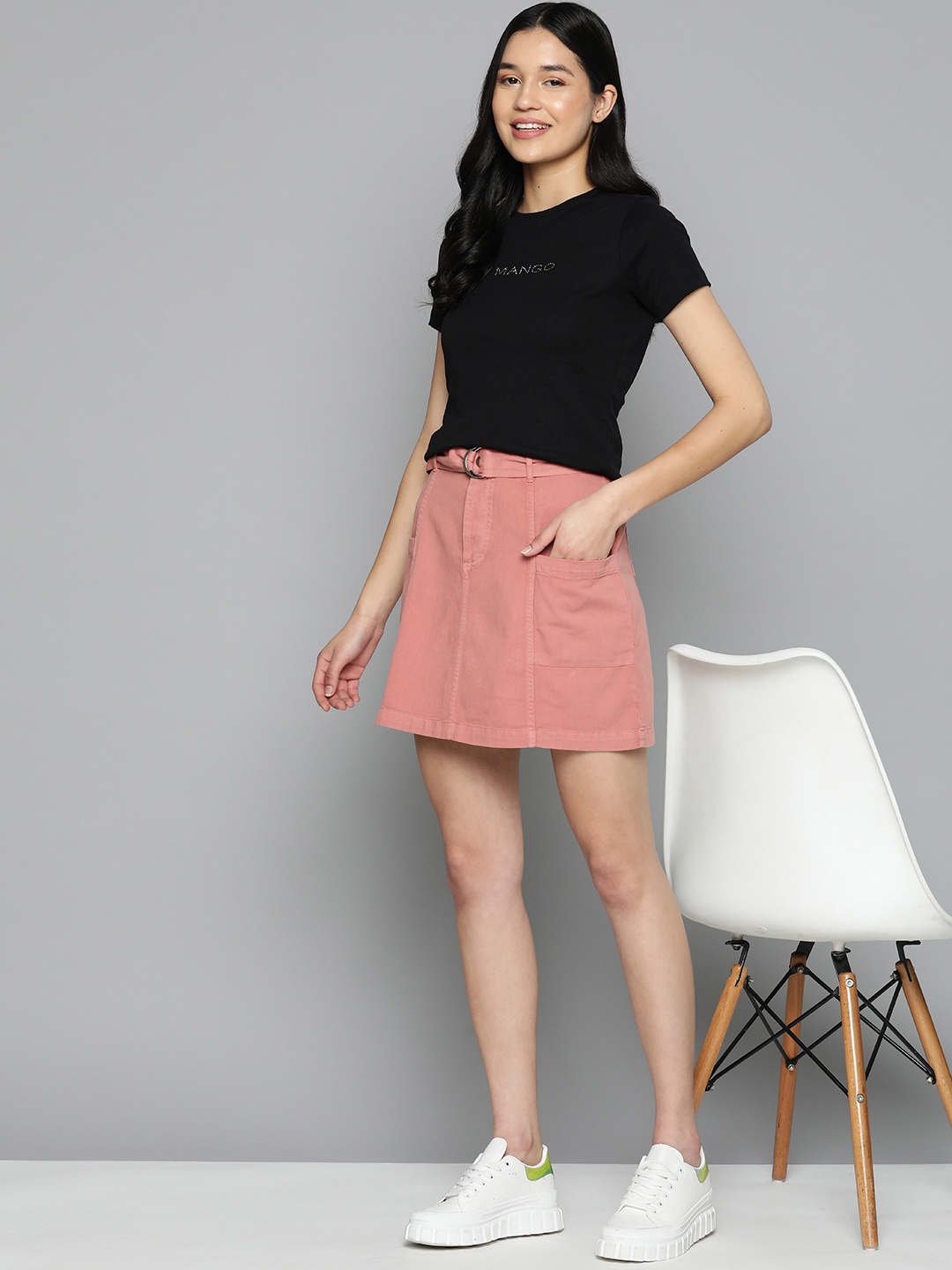 

Mast & Harbour Women Pure Cotton Denim Mini Skirt With Belt, Rose