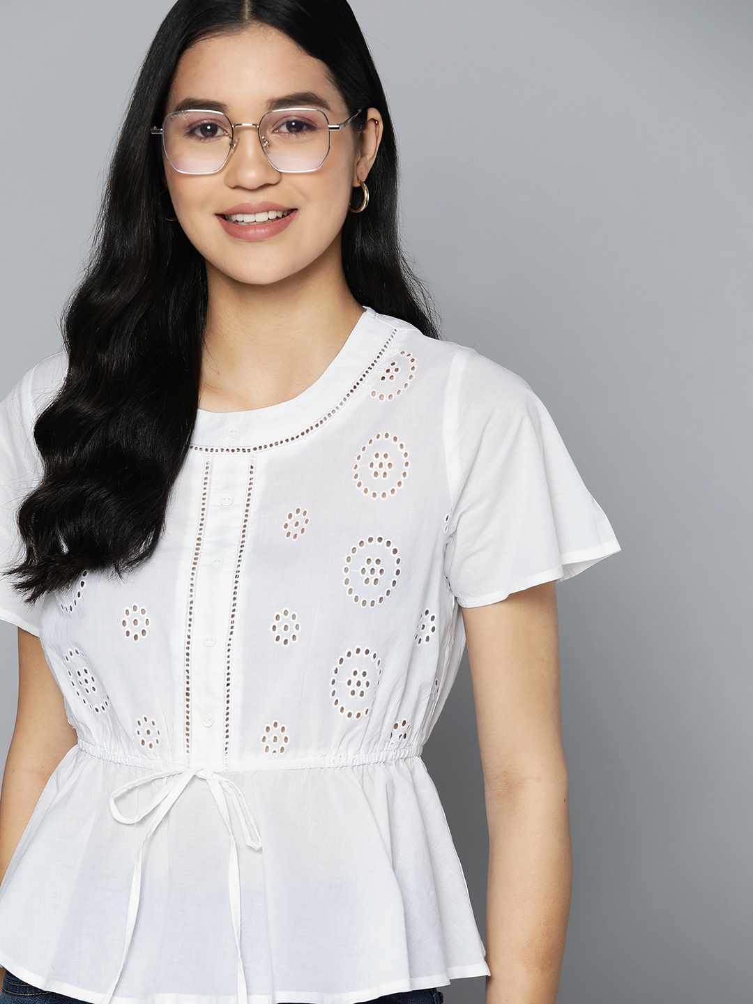 

Mast & Harbour Schiffli Pure Cotton Peplum Top, White