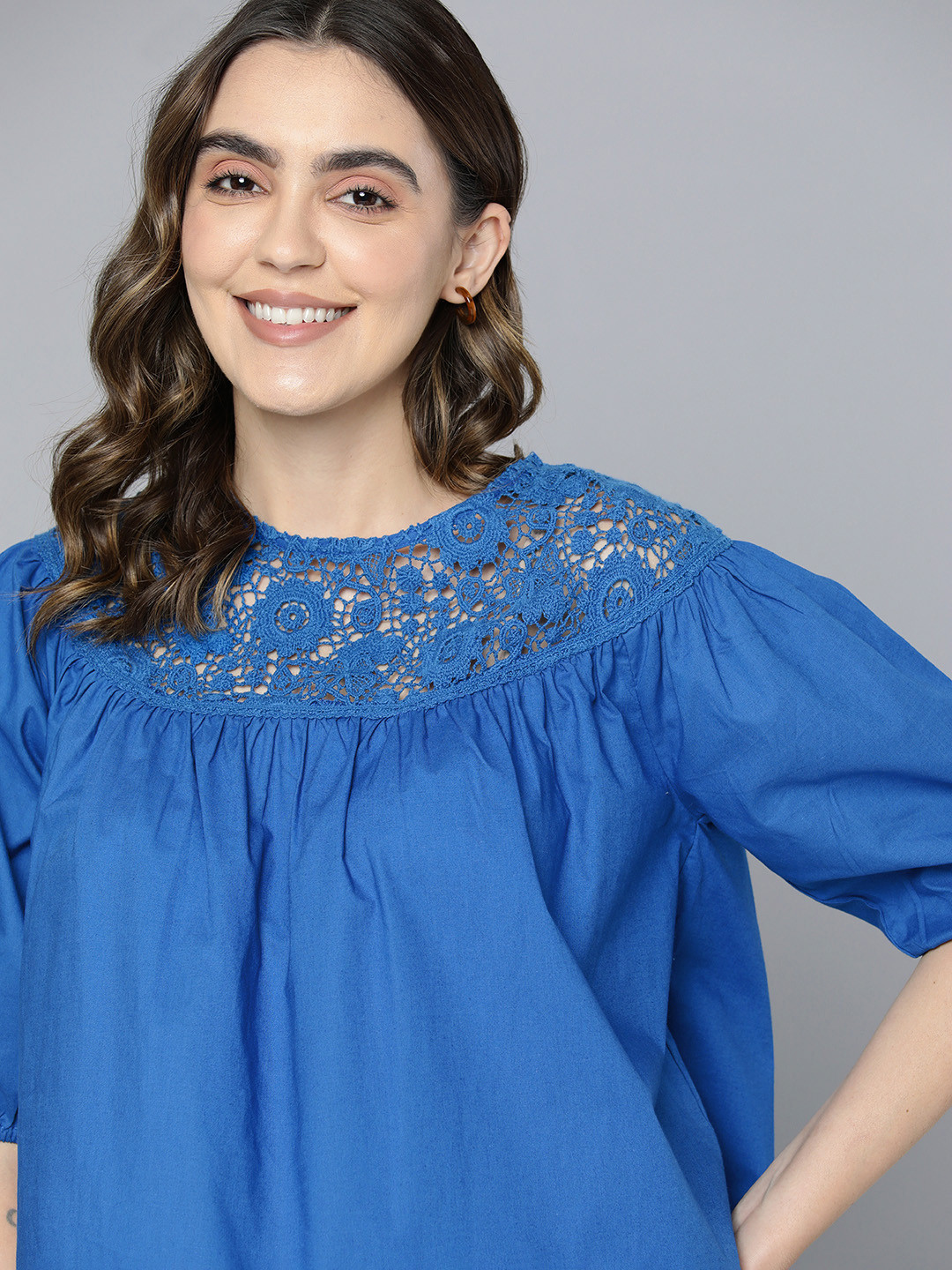 

Mast & Harbour Pure Cotton Lace-Up Puff Sleeve Top, Blue