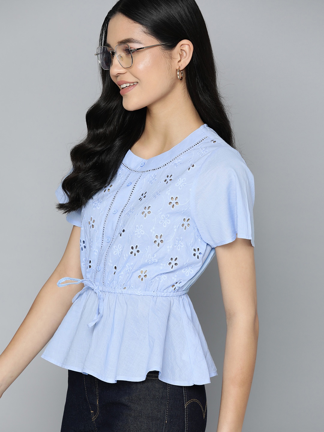 

Mast & Harbour Schiffli Pure Cotton Peplum Top, Blue